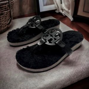 Tory Burch Miller Cloud Shearling Sherpa Fur Leather Black Sandals Size 6